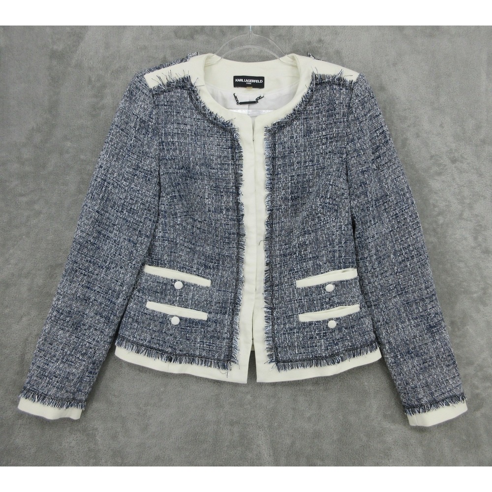 Karl Lagerfeld Jacket Womens 4 Blazer Tweed Fringed Hook Eye Career Nautical